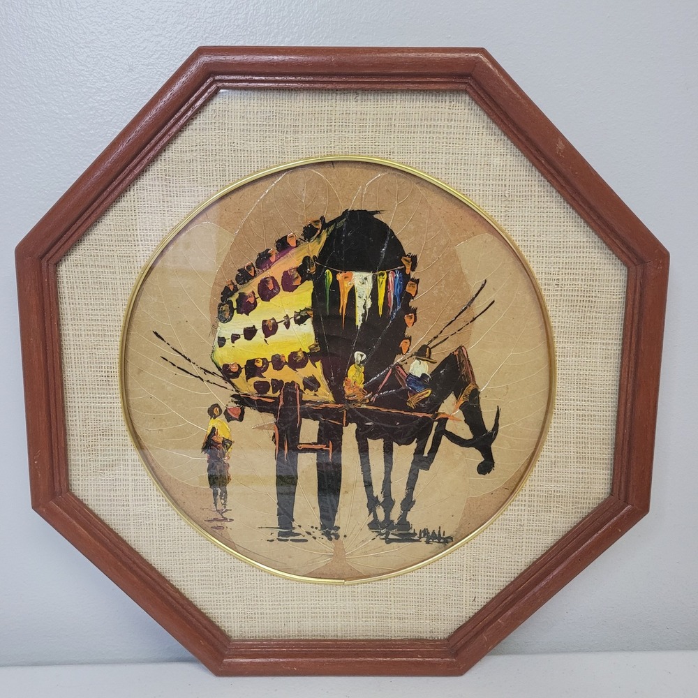Vintage‎ Hand Painted Natural Leaf Art Philippines Horse Carriage Octagon Frame